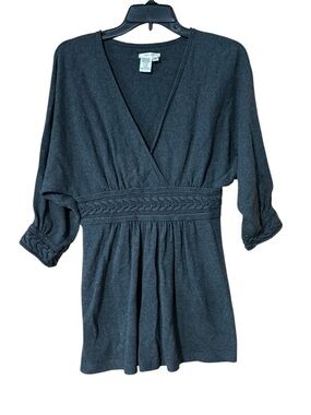 Sophie Max Medium Dark Gray Empire Waist Surplice Knit Top Boho 3/4 Sleeve